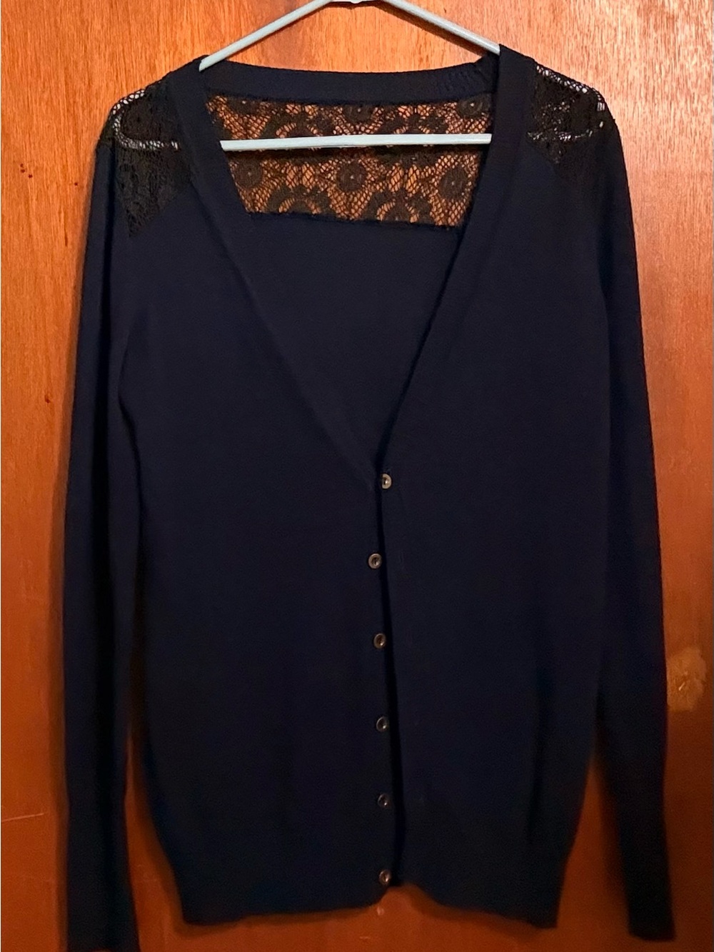 Navy Blue & Black Lace Accent Button-Front Cardigan Sweater